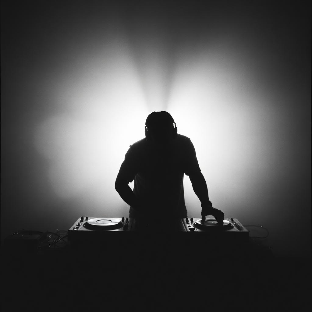 Silhouetted DJ hunched over decks in heavy fog