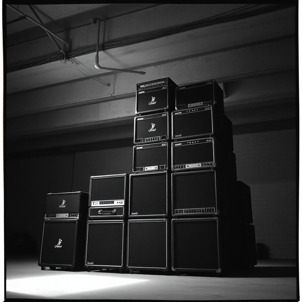 Stack of speaker cabinets in an empty concrete warehouse